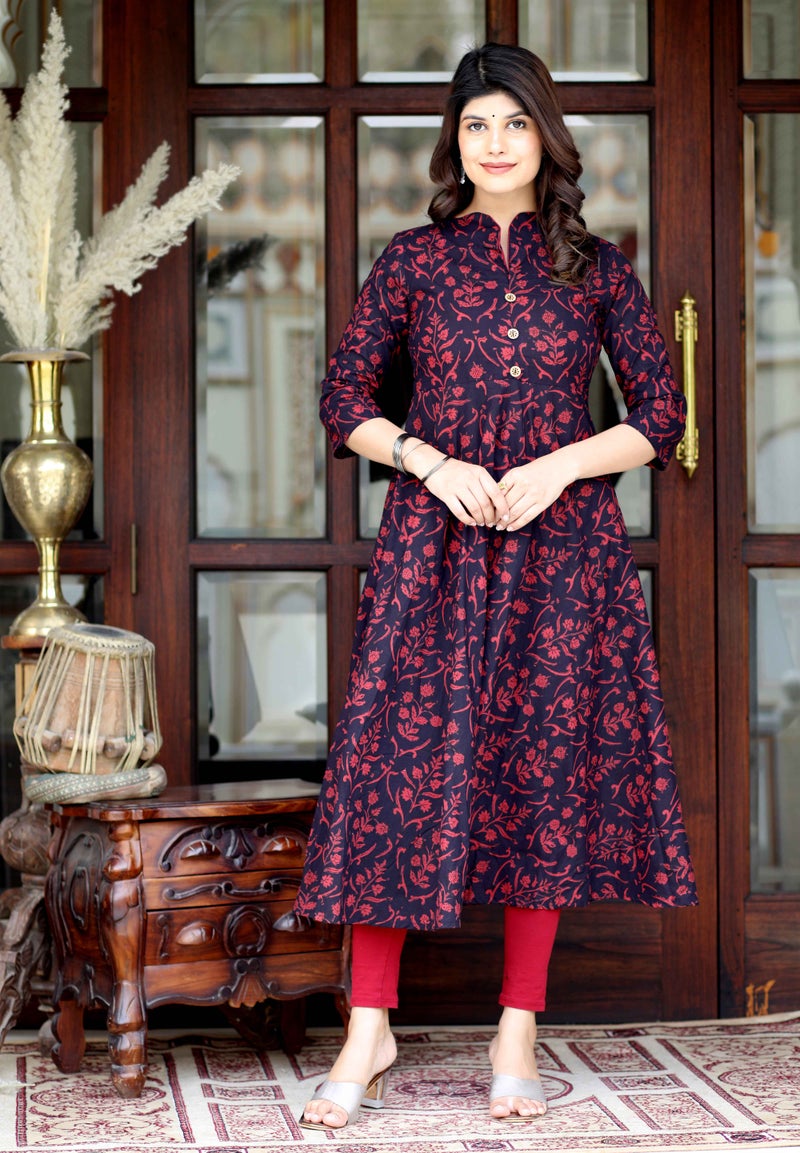 Miravan Maroon Floral Print Anarkali Kurta for Women - Image 1